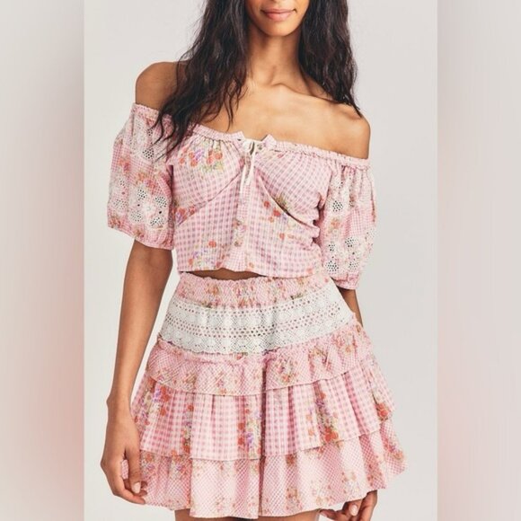 LoveShackFancy Tops - Loveshackfancy Izetta Floral-Print Broderie Anglaise Gingham Top.  SZ 2